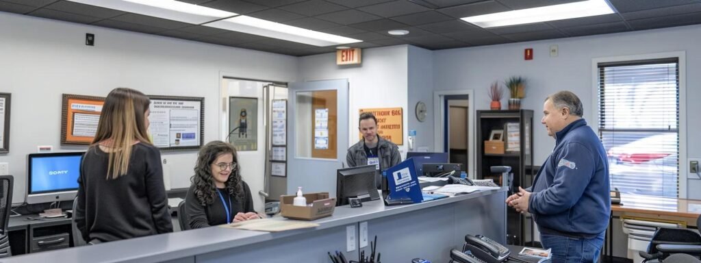 a bustling dundalk md office environment filled with professionals discussing strategies, showcasing a prominent bulletin board adorned with glowing testimonials and referrals for local water damage restoration experts.