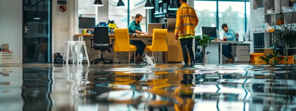 a busy emergency response team efficiently coordinating water damage restoration efforts in a modern office setting, surrounded by essential equipment and showcasing their expertise.