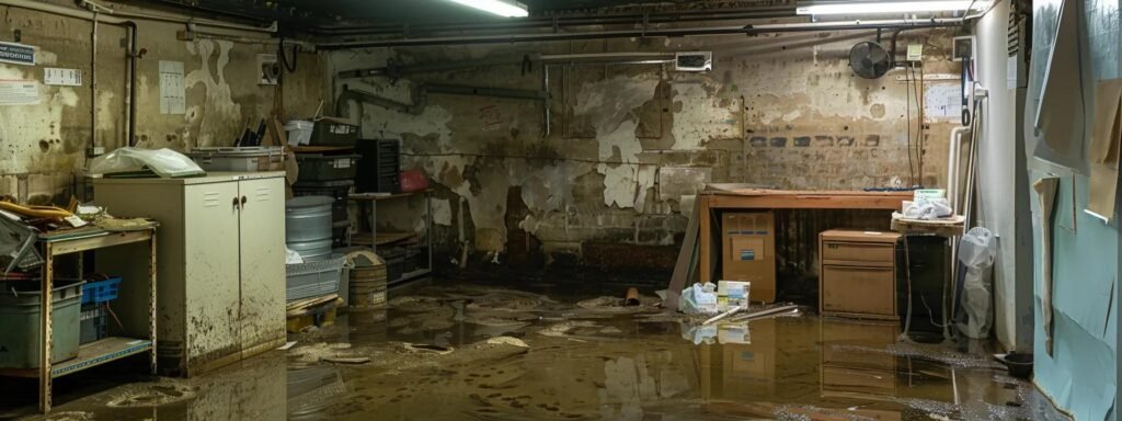 a dimly lit office basement reveals water damage on the walls and floor, with visible mould growth and warped flooring, emphasising the urgent need for restoration in a property at risk from water-related issues.