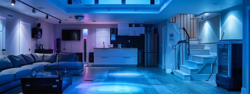 a modern home interior, showcasing a sleek basement filled with high-tech flood prevention equipment, including a sump pump and flood barriers, illuminated by strategically placed soft artificial lighting, emphasising the importance of proactive water damage prevention measures.