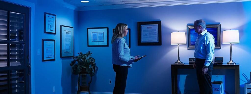 a professional office environment showcases a water damage restoration expert discussing urgent cleanup strategies with a concerned homeowner, illuminated by bright task lighting highlighting certification plaques on the walls, emphasising swift action and expert guidance in emergencies.