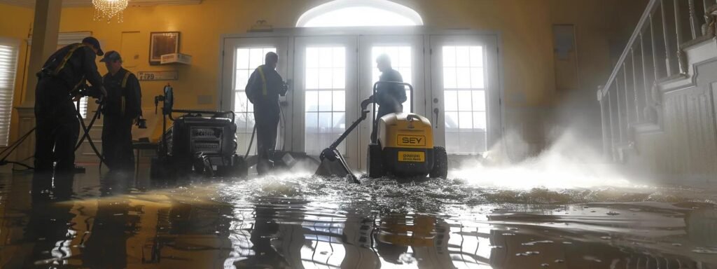 a professional water damage restoration team efficiently extracts water from a flooded commercial property in ellicott city, surrounded by advanced equipment like industrial dehumidifiers and moisture meters, highlighting their expertise in emergency response.