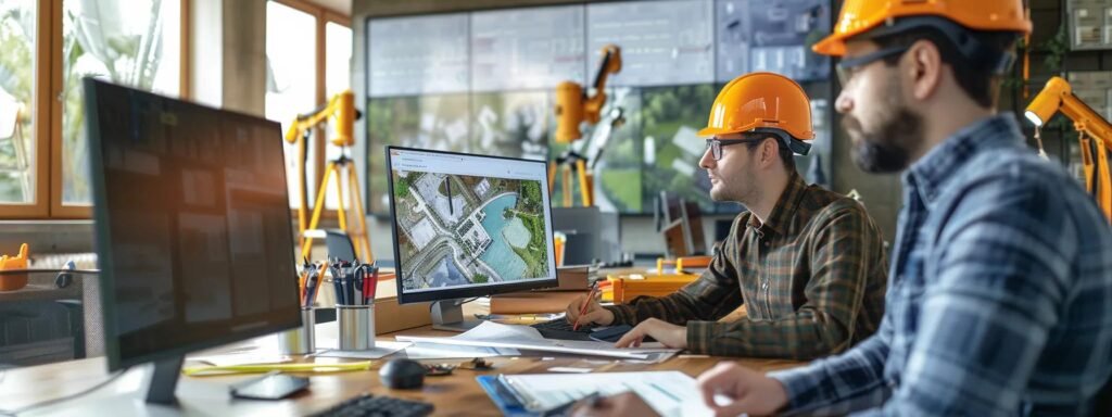 a well-organised office environment showcases professionals collaboratively analysing water damage reports and assessing restoration plans on digital devices, with blueprints and repair tools visibly arranged in the background.