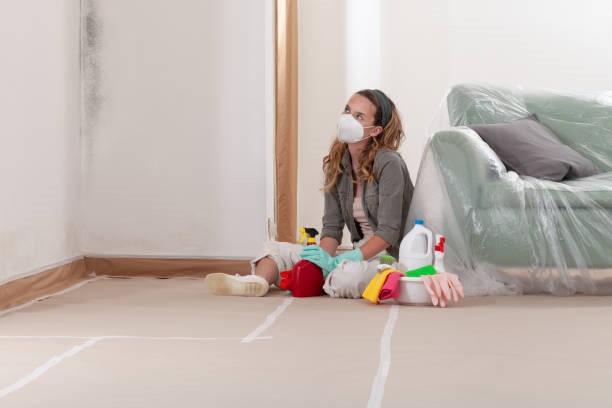 A woman cleaning mold with wearing the mask