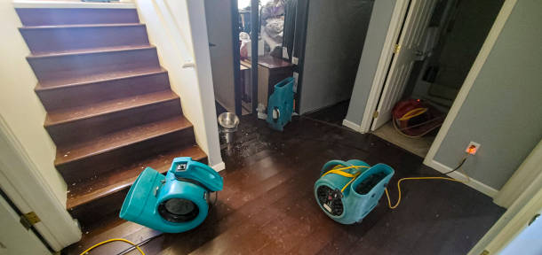 Air movers drying flooded dark wood floors