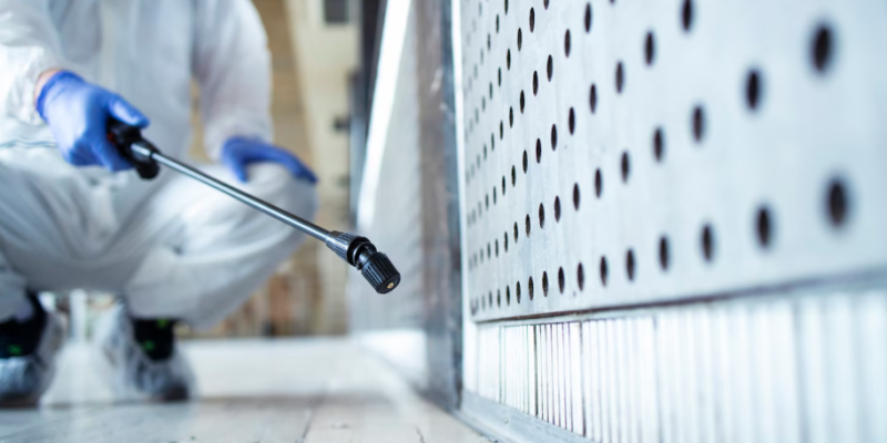 Pest Control worker spraying an indoor area.