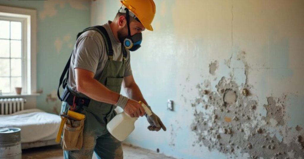 technician conducting mold remediation on a water-damaged wall