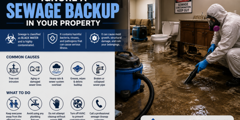 Sewage backup in property with professional sewage cleanup and restoration