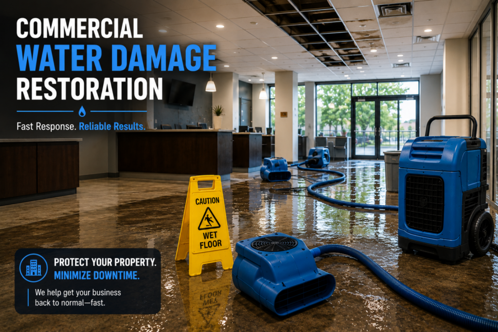 Water-damaged commercial office with professional restoration equipment
