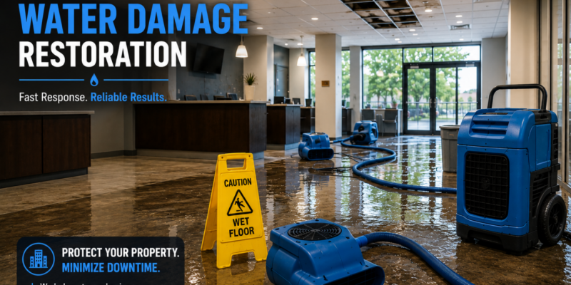 Water-damaged commercial office with professional restoration equipment