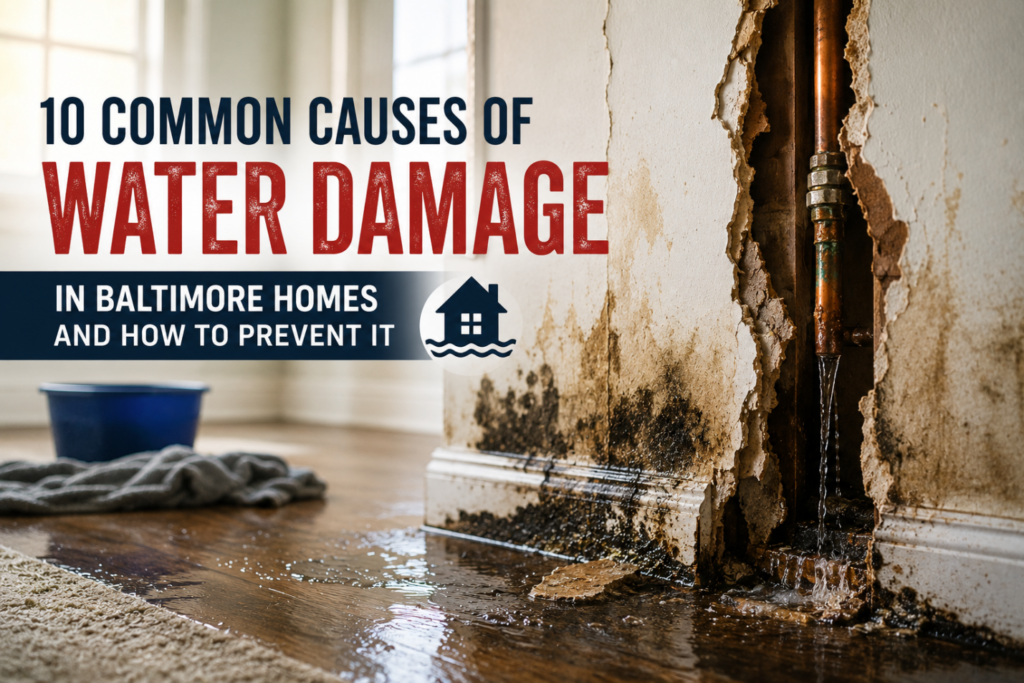Water damage from a leaking pipe causing mold and wall damage in a Baltimore home