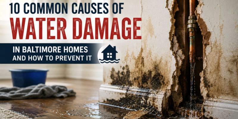 Water damage from a leaking pipe causing mold and wall damage in a Baltimore home