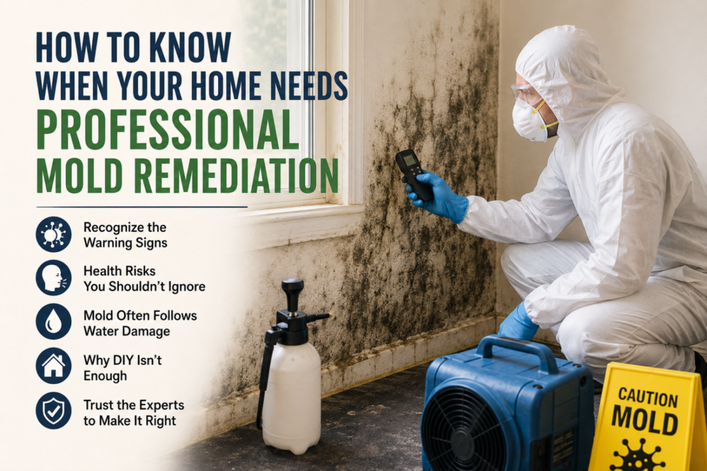 Professional mold remediation technician inspecting mold-damaged wall