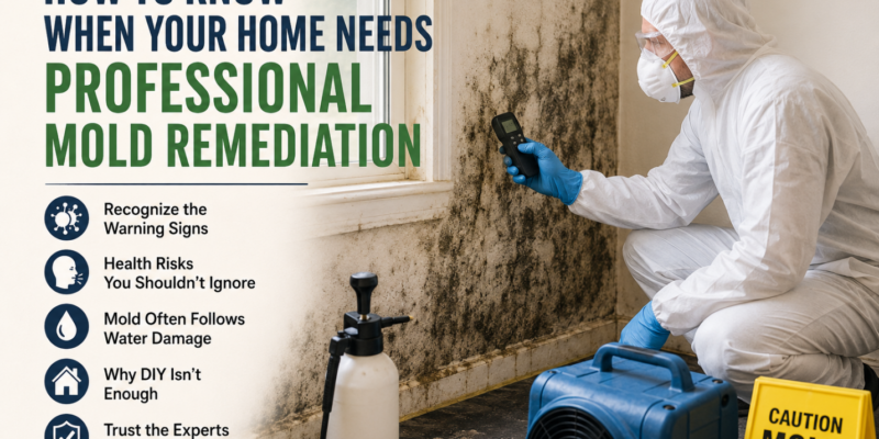 Professional mold remediation technician inspecting mold-damaged wall