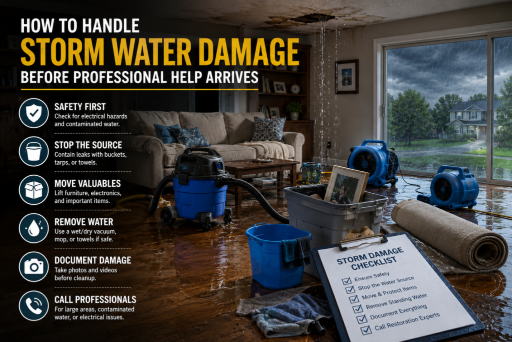 Storm water damage in home with emergency restoration steps