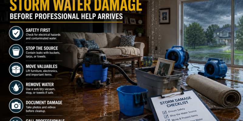Storm water damage in home with emergency restoration steps