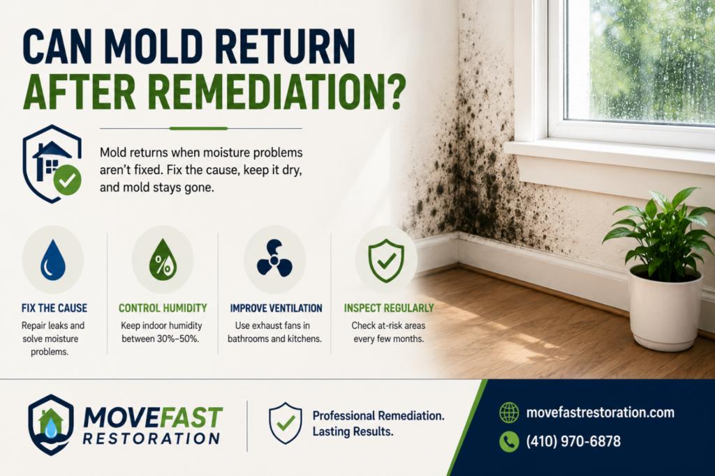 Mold remediation prevention infographic with moisture control tips.