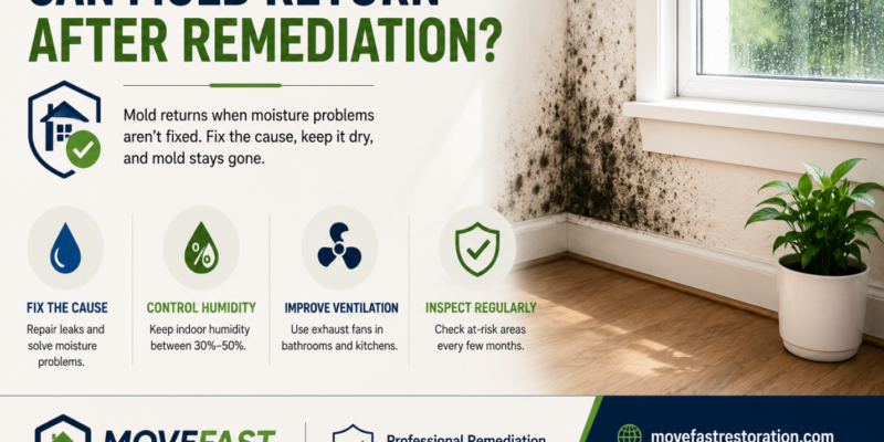 Mold remediation prevention infographic with moisture control tips.
